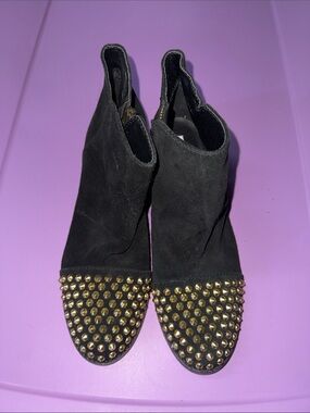Steve Madden Black Suede Ankle Booties with Gold Studded Toe